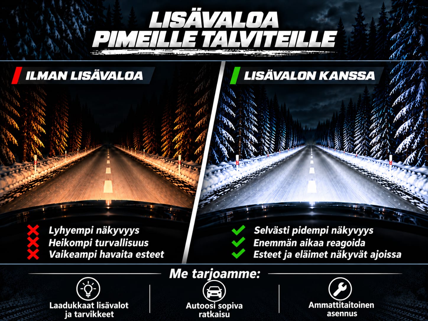 RD Worksin mainos: lisävaloa pimeille talviteille. Laadukkaat lisävalot ja tarvikkeet, autoosi sopiva ratkaisu ja ammattitaitoinen asennus.