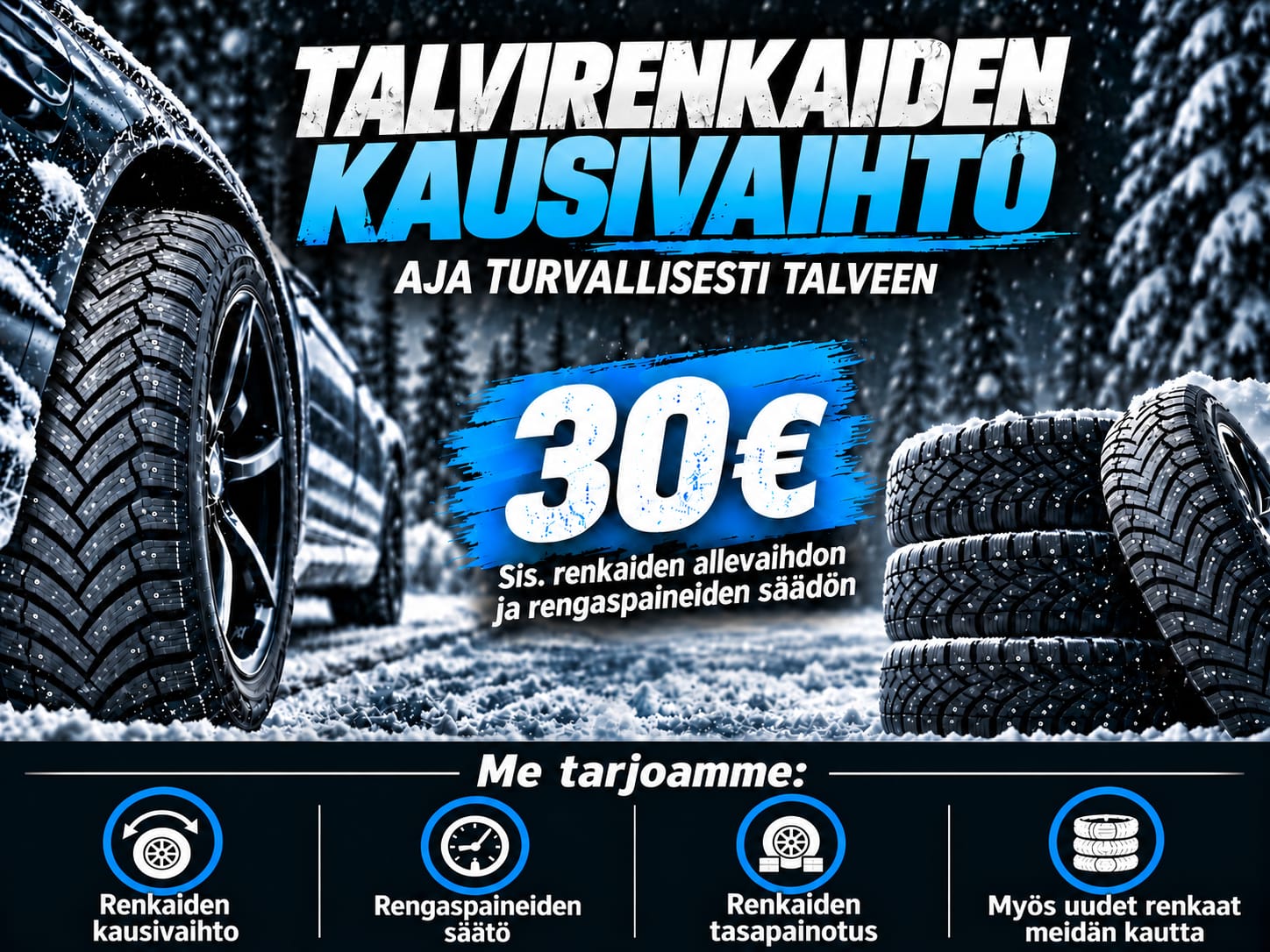 RD Worksin mainos: talvirenkaiden kausivaihto 30 euroa, sisältää renkaiden allevaihdon ja rengaspaineiden säädön. Myös renkaiden tasapainotus ja uudet renkaat.